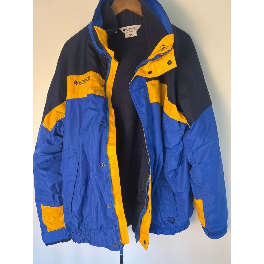 Columbia Bugaboo Jacket Men LG Tall Blue Yellow Colorblock Fleece Lined Hiking